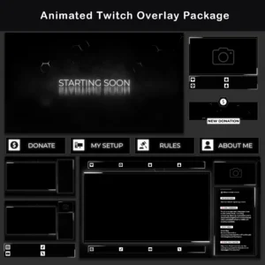 Animated black and white Twitch stream package with assorted overlay elements.