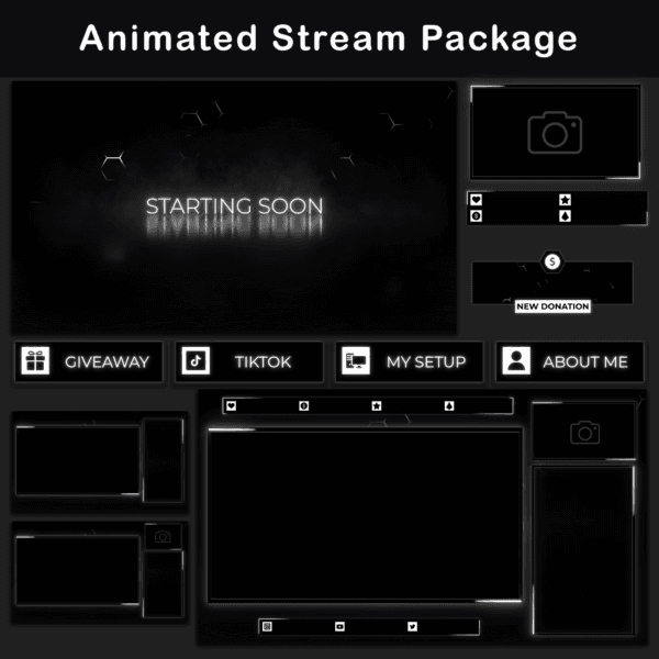 Retro Twitch Overlay Package - Animated 80s CRT Stream Overlays (OBS, Streamlabs) 14 Animated black and white Twitch stream package with assorted overlay elements.