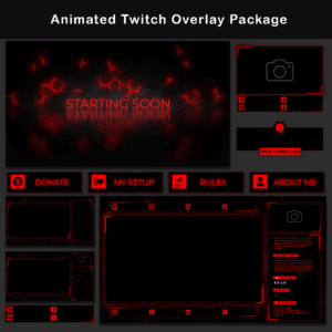 Animated Twitch Overlay Package in a black and red neon style, showing matching screens, alerts, webcam frames, panels, labels, chatboxes, and stream layout assets.