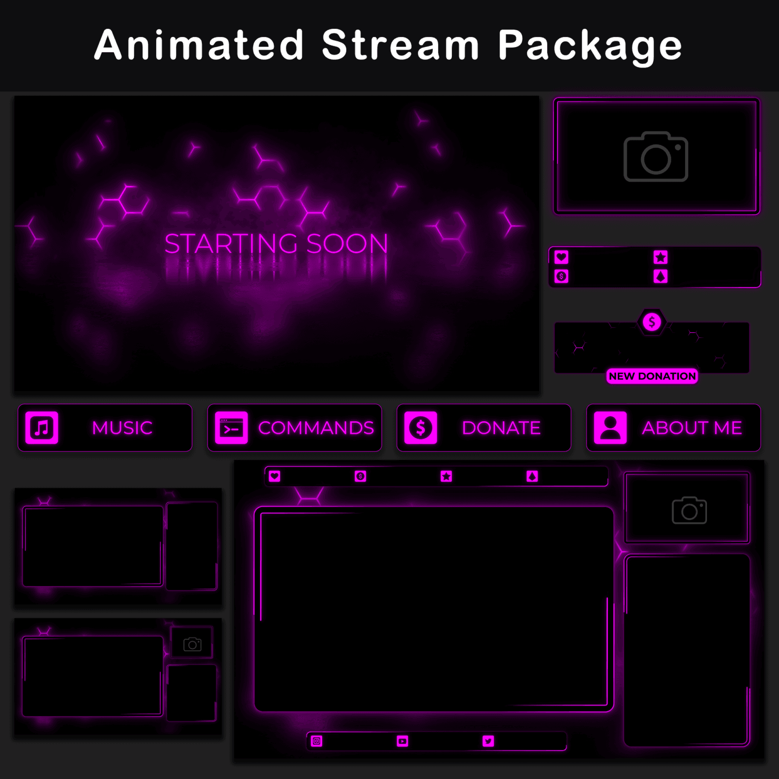 Animated Pink Twitch Overlay Package | Minimalist Stream Overlay Pack 1 Animated black and pink Twitch stream package with assorted overlay elements.