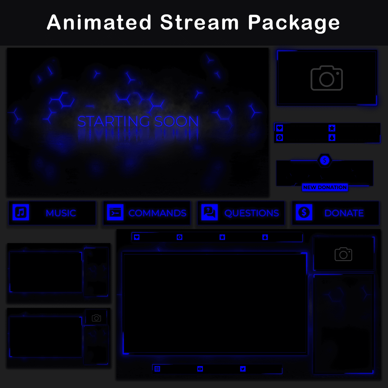 Animated Blue Twitch Overlay Package | Minimalist Stream Overlay Pack 1 Animated black and blue Twitch stream package with assorted overlay elements.