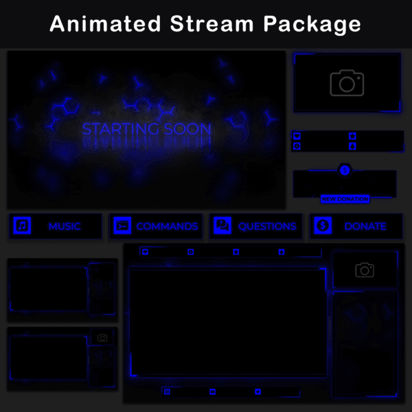Retro Twitch Overlay Package - Animated 80s CRT Stream Overlays (OBS, Streamlabs) 17 Animated black and blue Twitch stream package with assorted overlay elements.