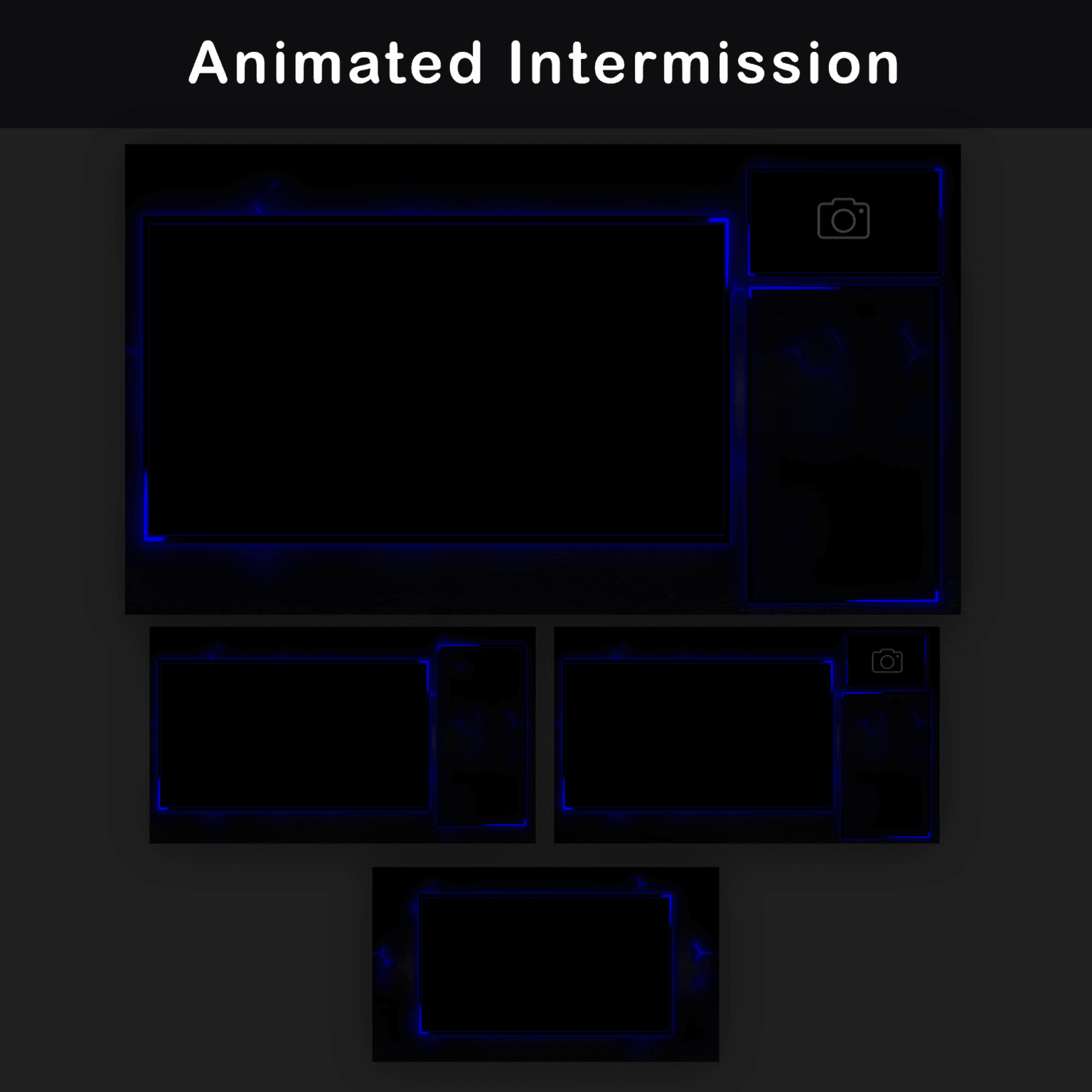 Animated Blue Twitch Overlay Package | Minimalist Stream Overlay Pack 3 A set of black and blue animated screens for Twitch with titles 'Starting Soon', 'Be Right Back', 'Stream Ending', and 'Offline' against a hexagon background.
