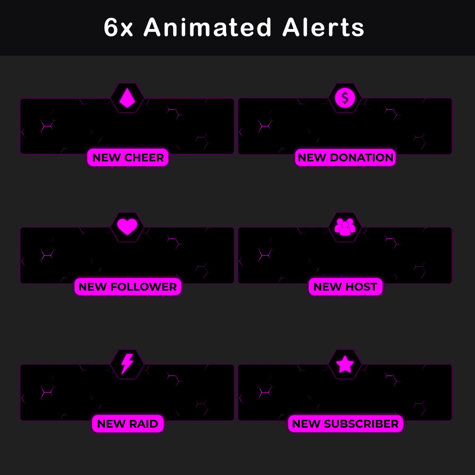 Animated Pink Twitch Overlay Package | Minimalist Stream Overlay Pack 5 Six black and pink animated alerts for Twitch with icons and titles for 'New Cheer', 'New Donation', 'New Follower', 'New Host', 'New Raid', and 'New Subscriber'.