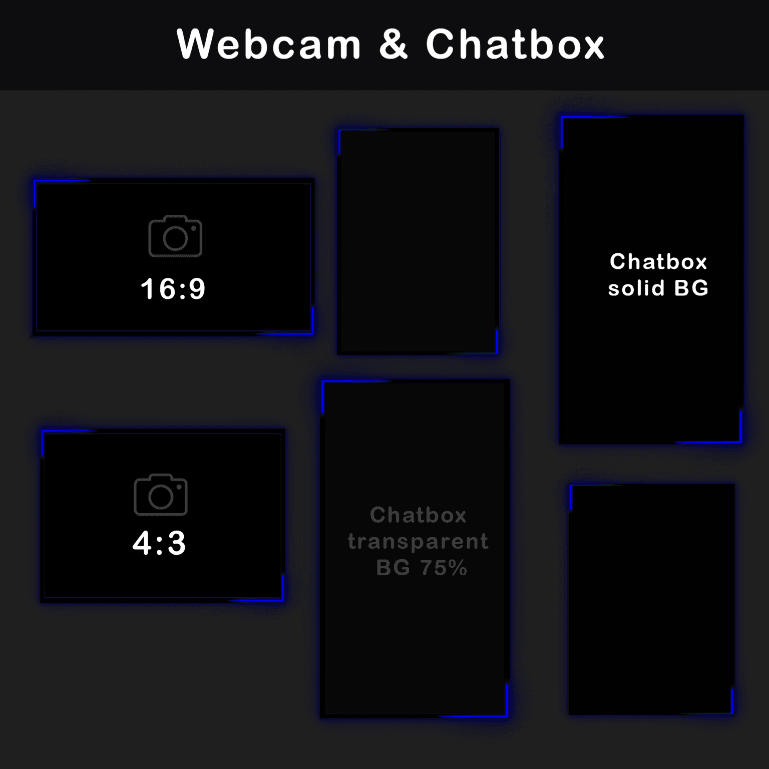 Animated Blue Twitch Overlay Package | Minimalist Stream Overlay Pack 7 Black and red webcam frames available in 16:9 and 4:3 formats and a chatbox for Twitch with full and transparent backgrounds.
