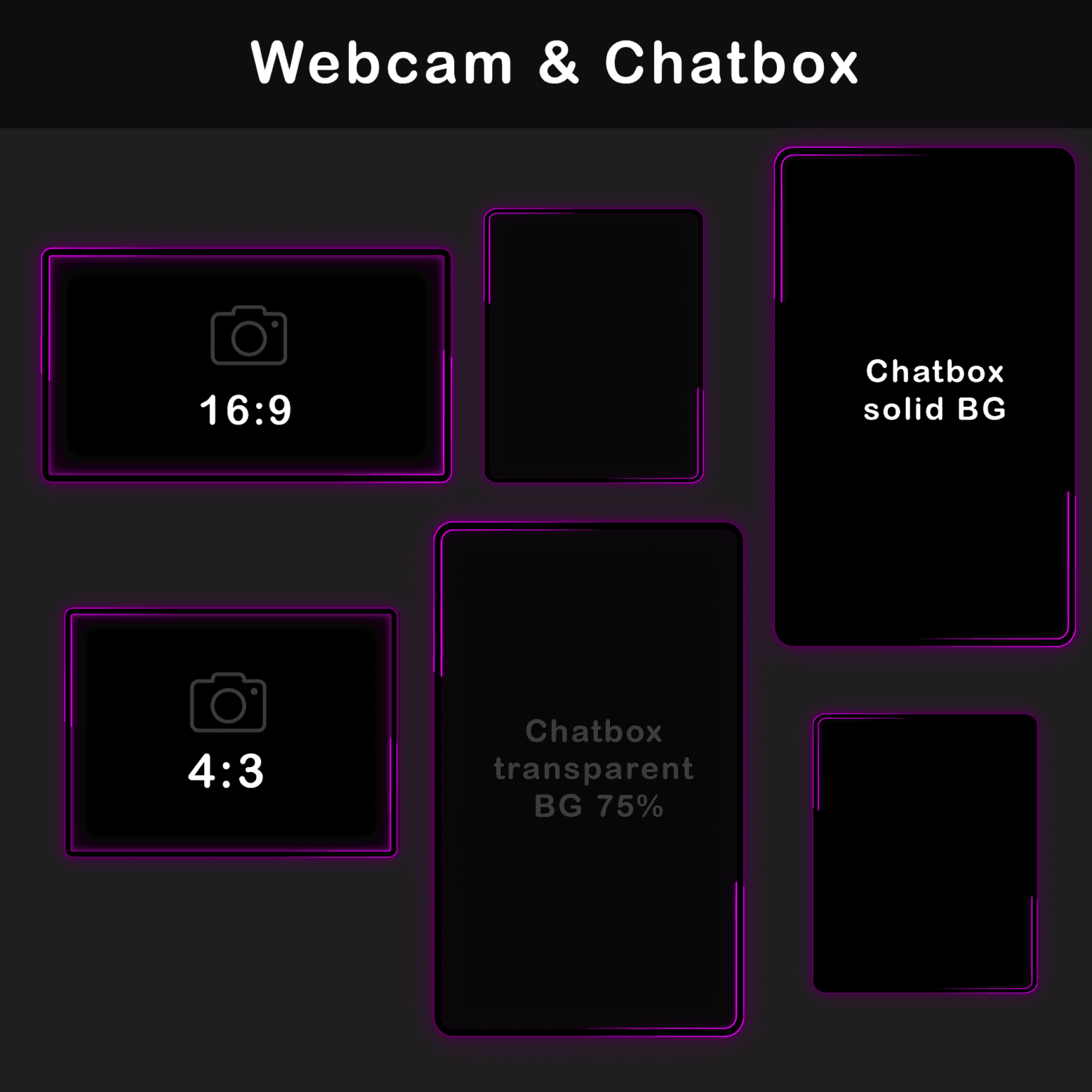 Animated Pink Twitch Overlay Package | Minimalist Stream Overlay Pack 6 Black and pink webcam frames available in 16:9 and 4:3 formats and a chatbox for Twitch with full and transparent backgrounds.