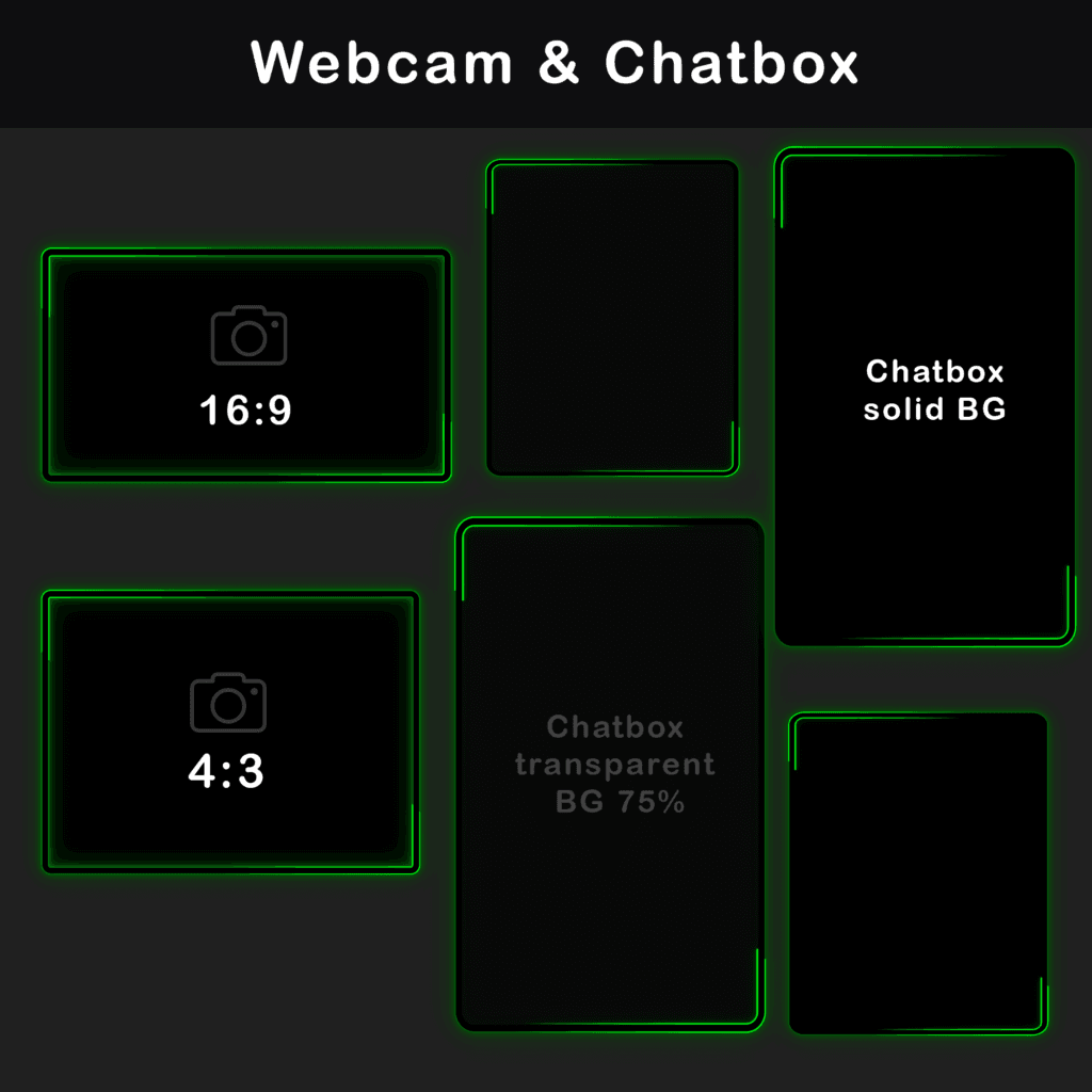 Black and green webcam frames available in 16:9 and 4:3 formats and a chatbox for Twitch with full and transparent backgrounds.
