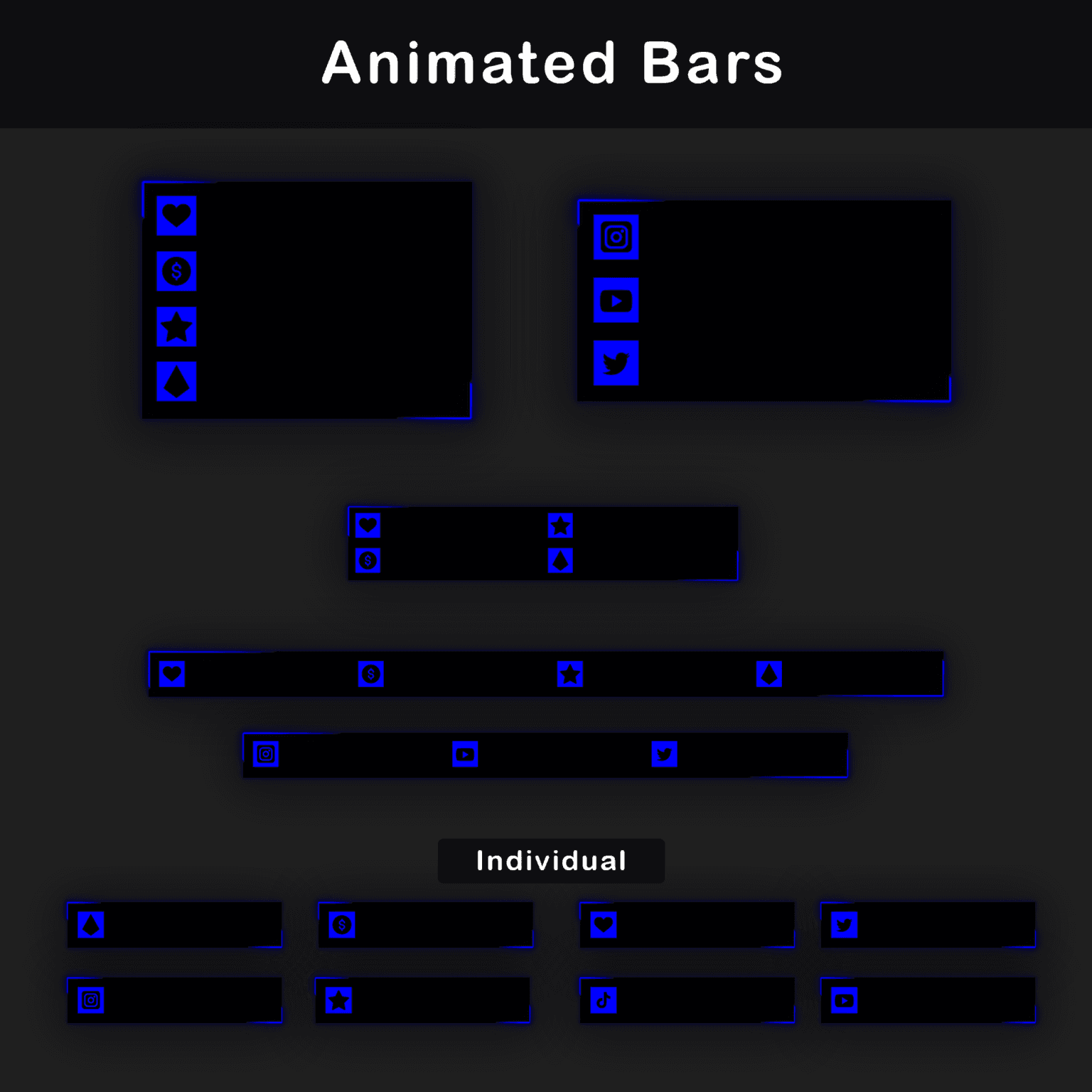 Animated Blue Twitch Overlay Package | Minimalist Stream Overlay Pack 4 A set of black and blue animated bars with social media icons for personalizing streams on Twitch. Stream Labels