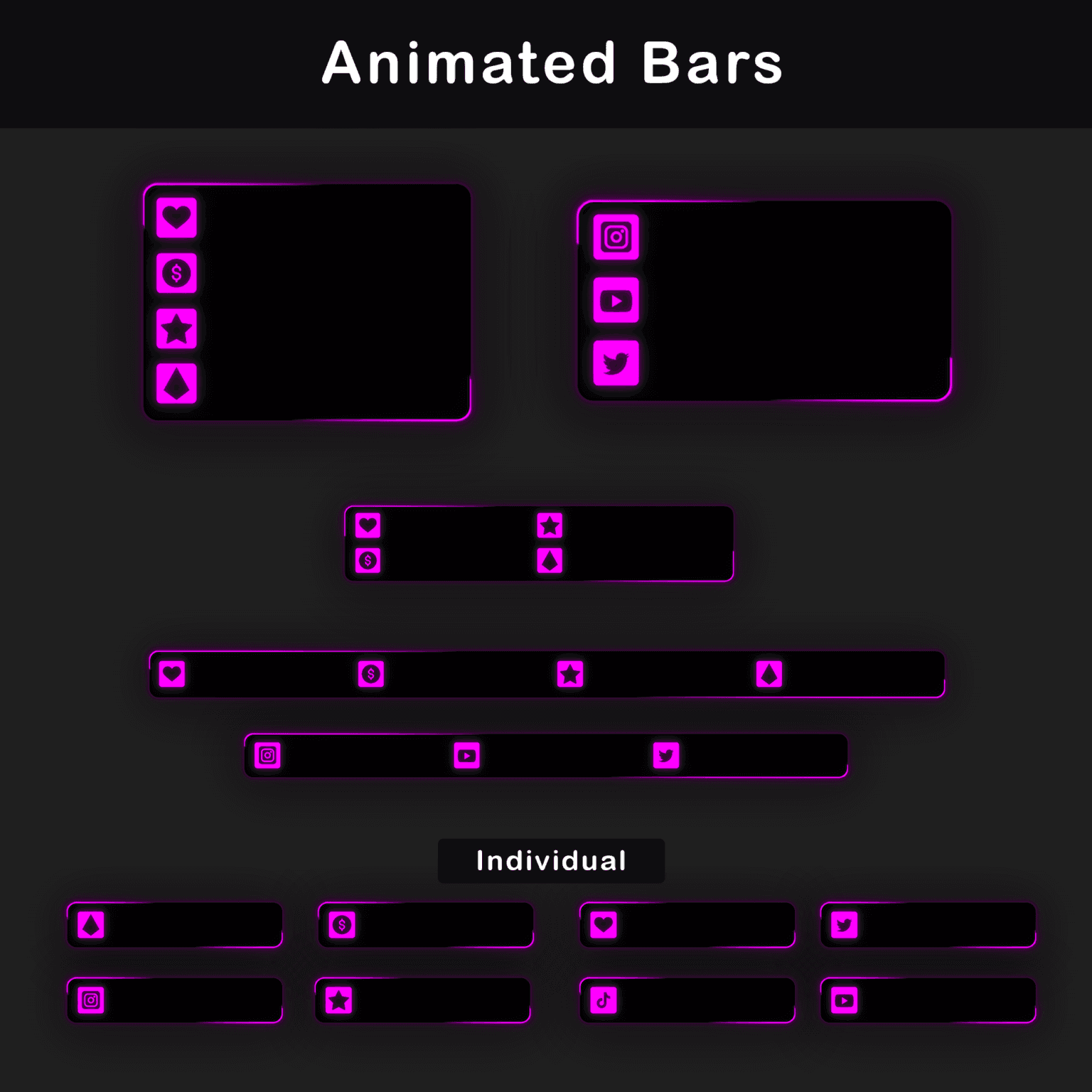 Animated Pink Twitch Overlay Package | Minimalist Stream Overlay Pack 4 A set of black and pink animated bars with social media icons for personalizing streams on Twitch. Stream Labels