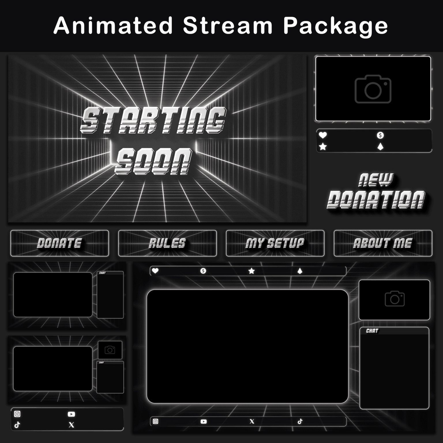 Animated Retro style black and white Twitch stream package with assorted overlay elements.