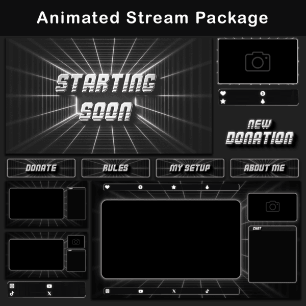 Retro Twitch Overlay Package - Animated 80s CRT Stream Overlays (OBS, Streamlabs) 15 Animated Retro style black and white Twitch stream package with assorted overlay elements.