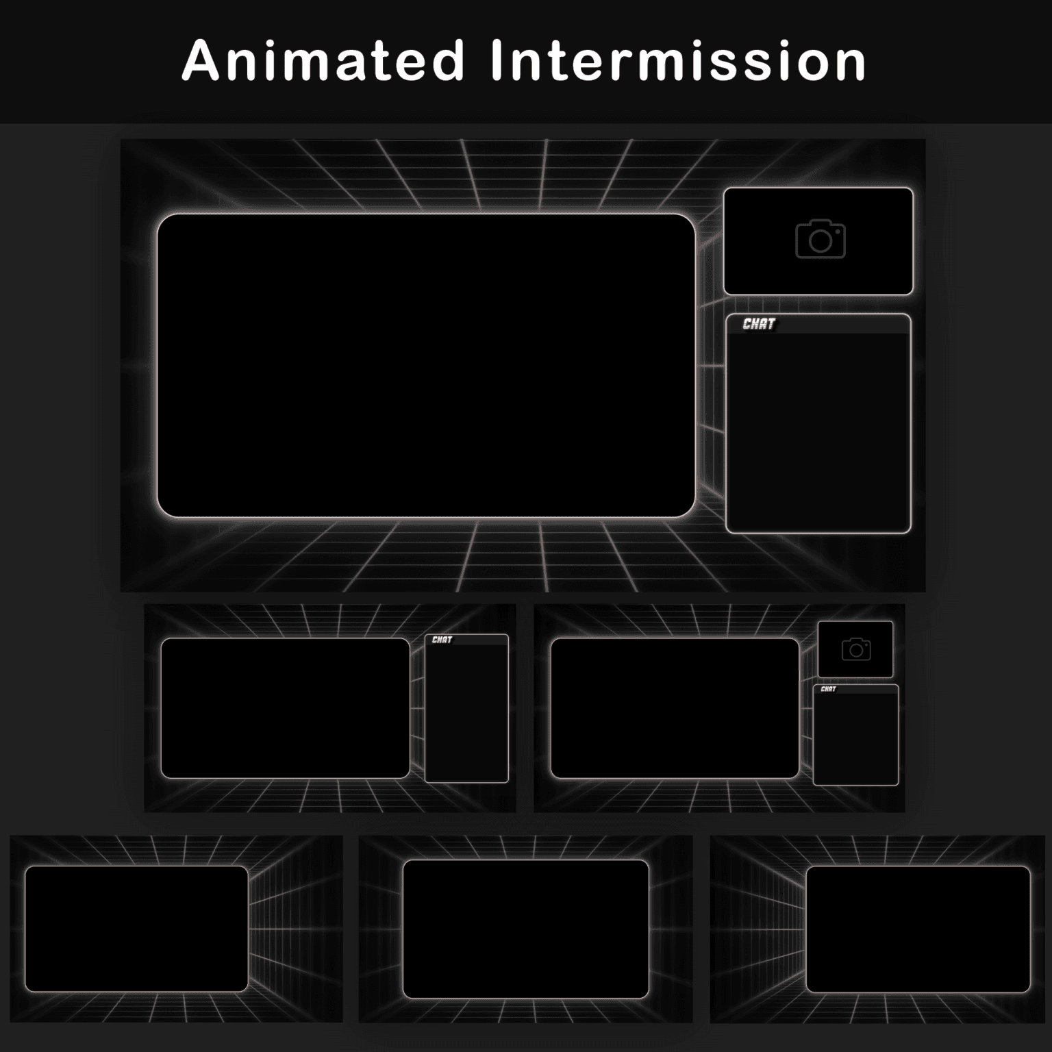 A set of black and white animated screens for Twitch with titles 'Starting Soon', 'Be Right Back', 'Stream Ending', and 'Offline' against a retro grid background.