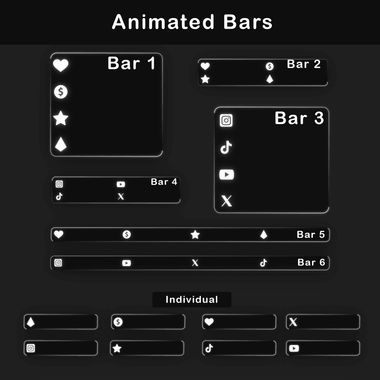 A set of black and ehite animated bars with social media icons for personalizing streams on Twitch. Stream Labels