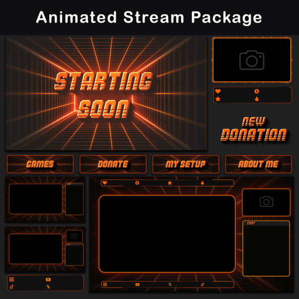 Animated Retro style orange Twitch stream package with assorted overlay elements.