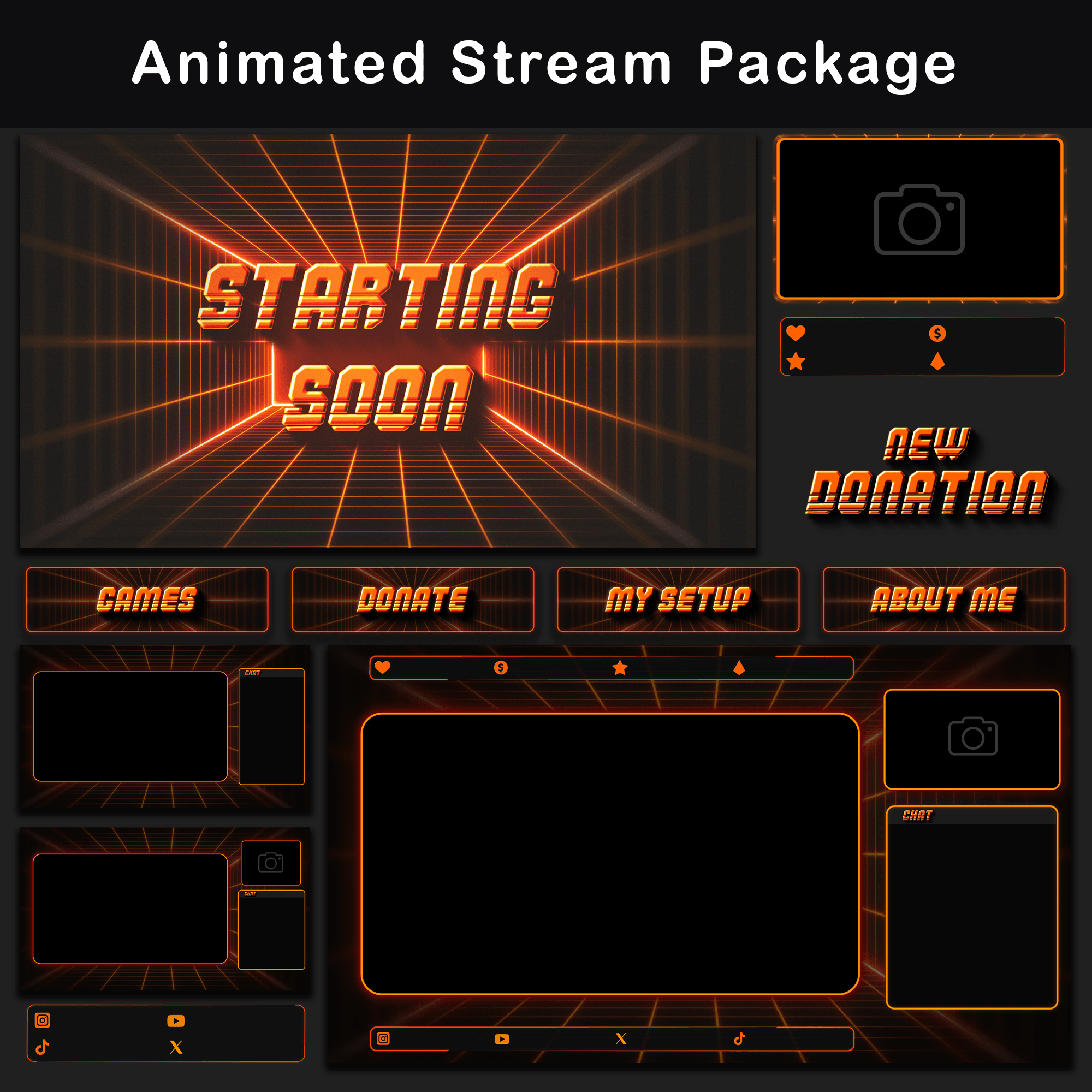 Retro Twitch Overlay Pack | Animated Orange Grid Stream Package 1 Animated Retro style orange Twitch stream package with assorted overlay elements.