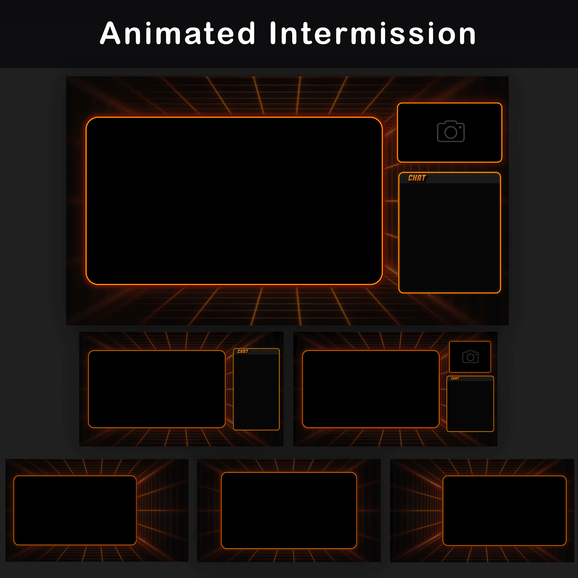 Retro Twitch Overlay Pack | Animated Orange Grid Stream Package 3 An animated break screen for Twitch with various black and white layouts for gaming, chat, and camera in a minimalist style.