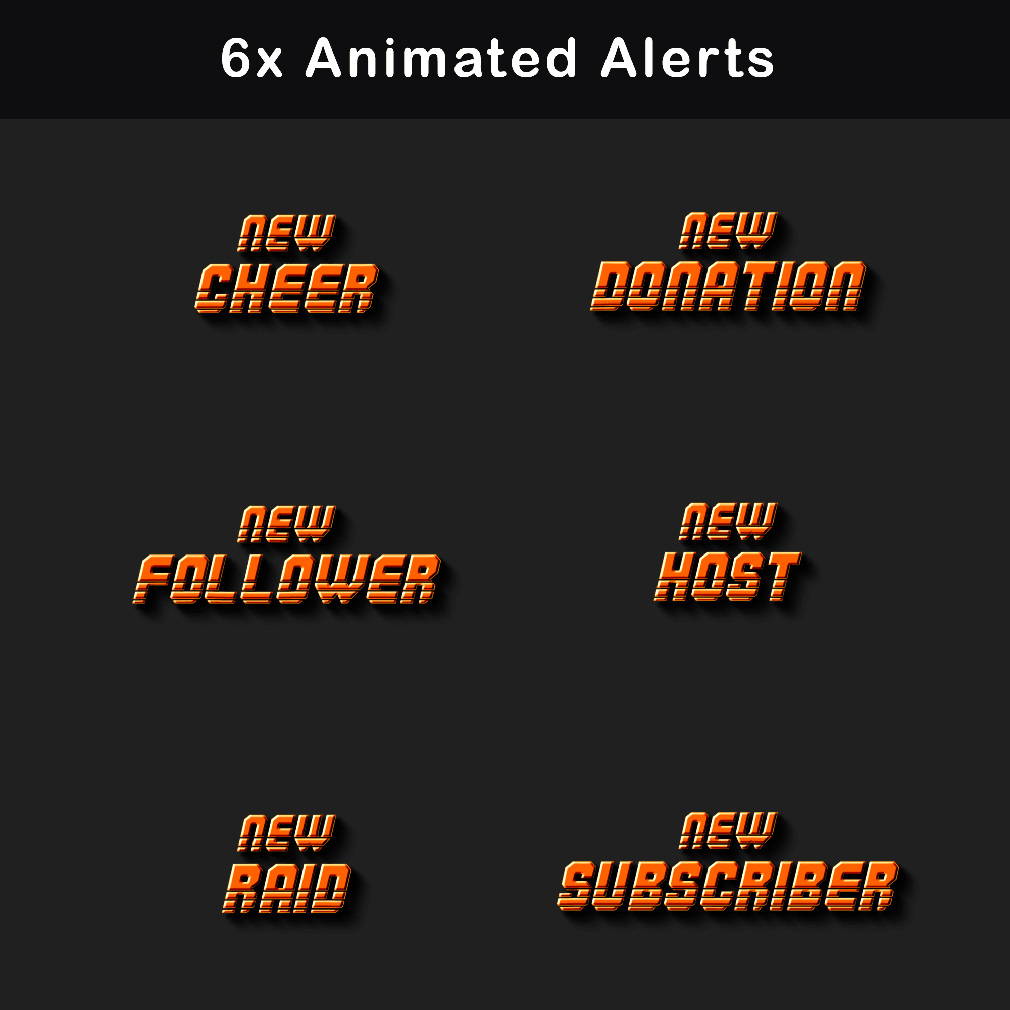 Retro Twitch Overlay Pack | Animated Orange Grid Stream Package 7 Six retro orange animated alerts for Twitch with icons and titles for 'New Cheer', 'New Donation', 'New Follower', 'New Host', 'New Raid', and 'New Subscriber'.