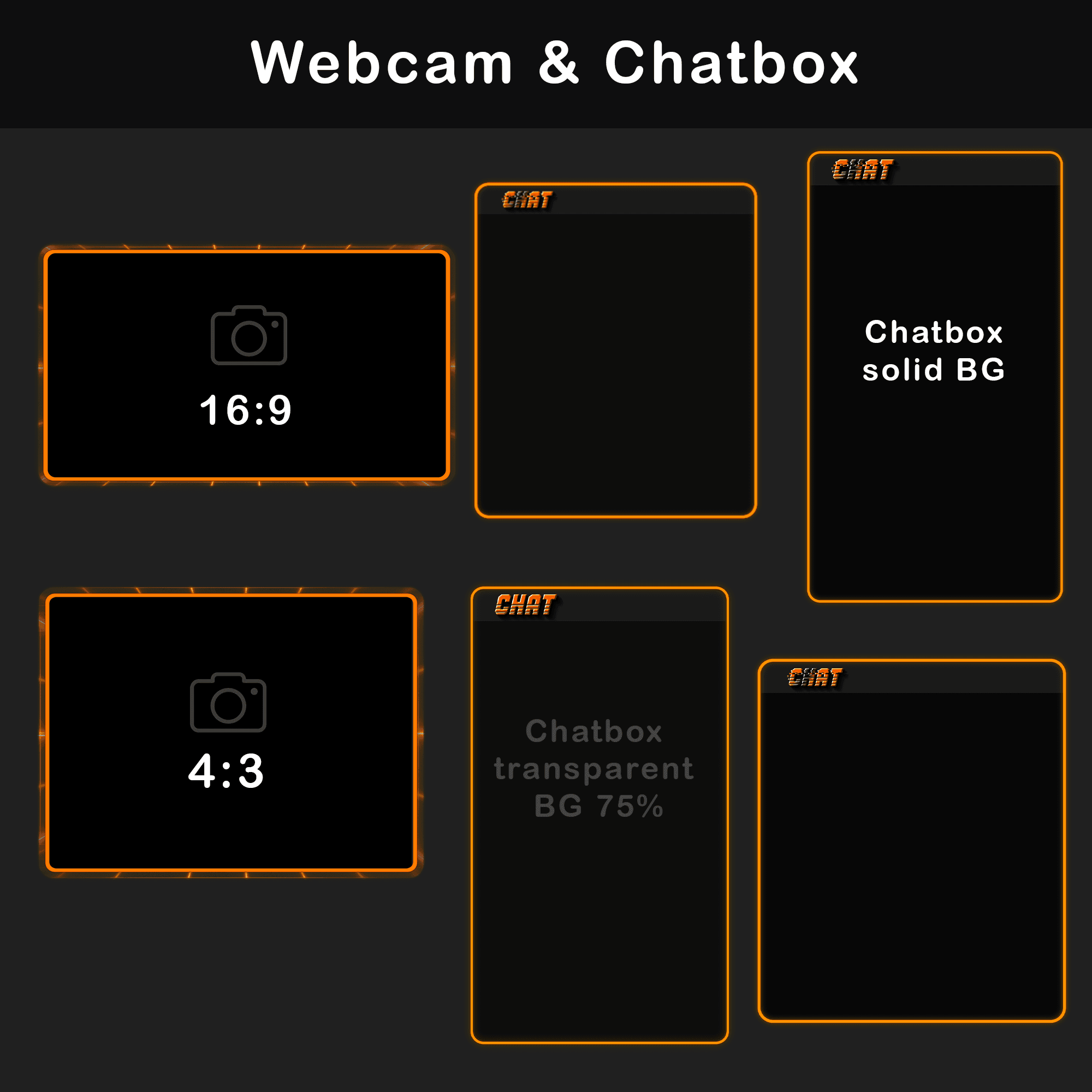 Retro Twitch Overlay Pack | Animated Orange Grid Stream Package 6 retro orange webcam frames available in 16:9 and 4:3 formats and a chatbox for Twitch with full and transparent backgrounds.