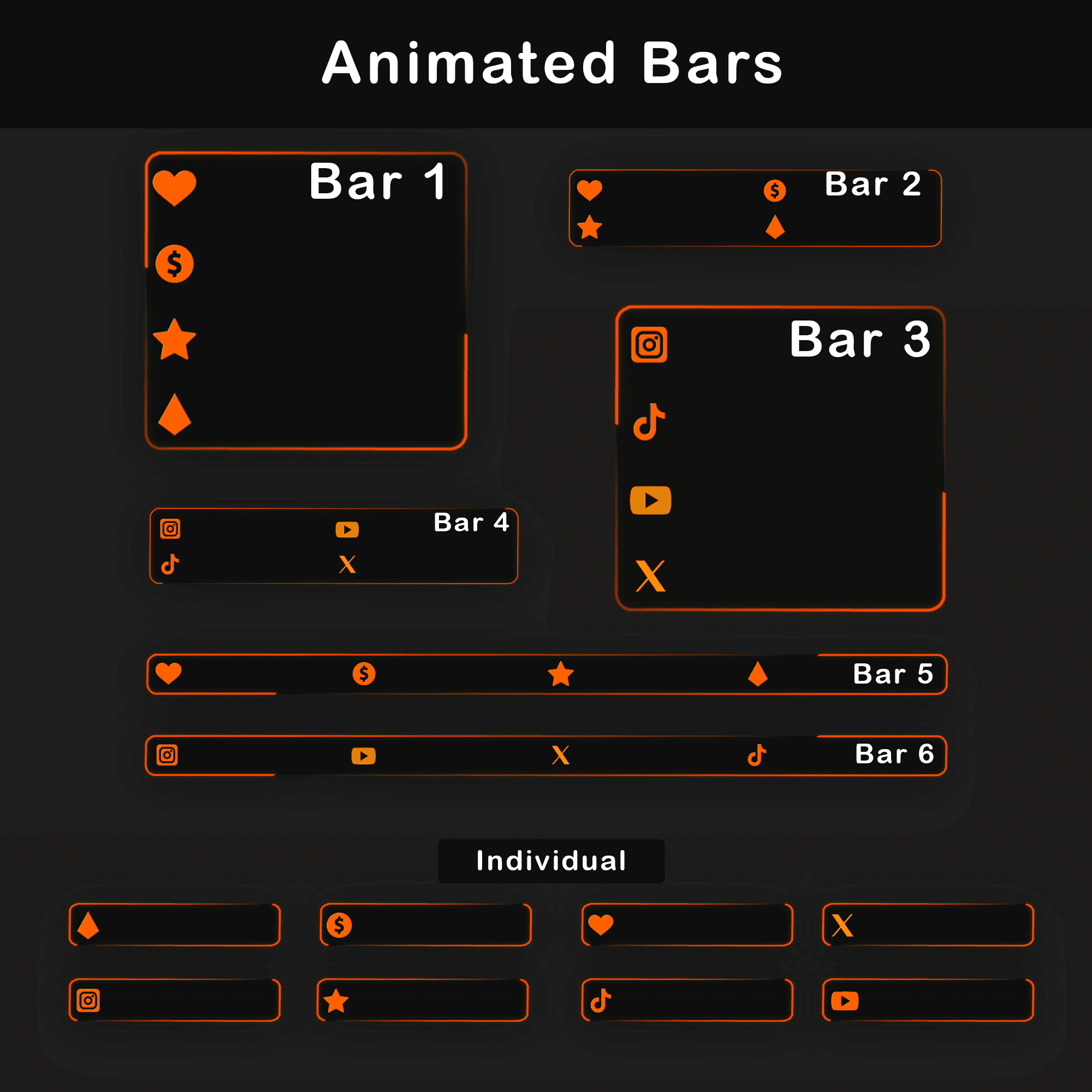 Retro Twitch Overlay Pack | Animated Orange Grid Stream Package 4 A set of retro orange animated bars with social media icons for personalizing streams on Twitch. Stream Labels