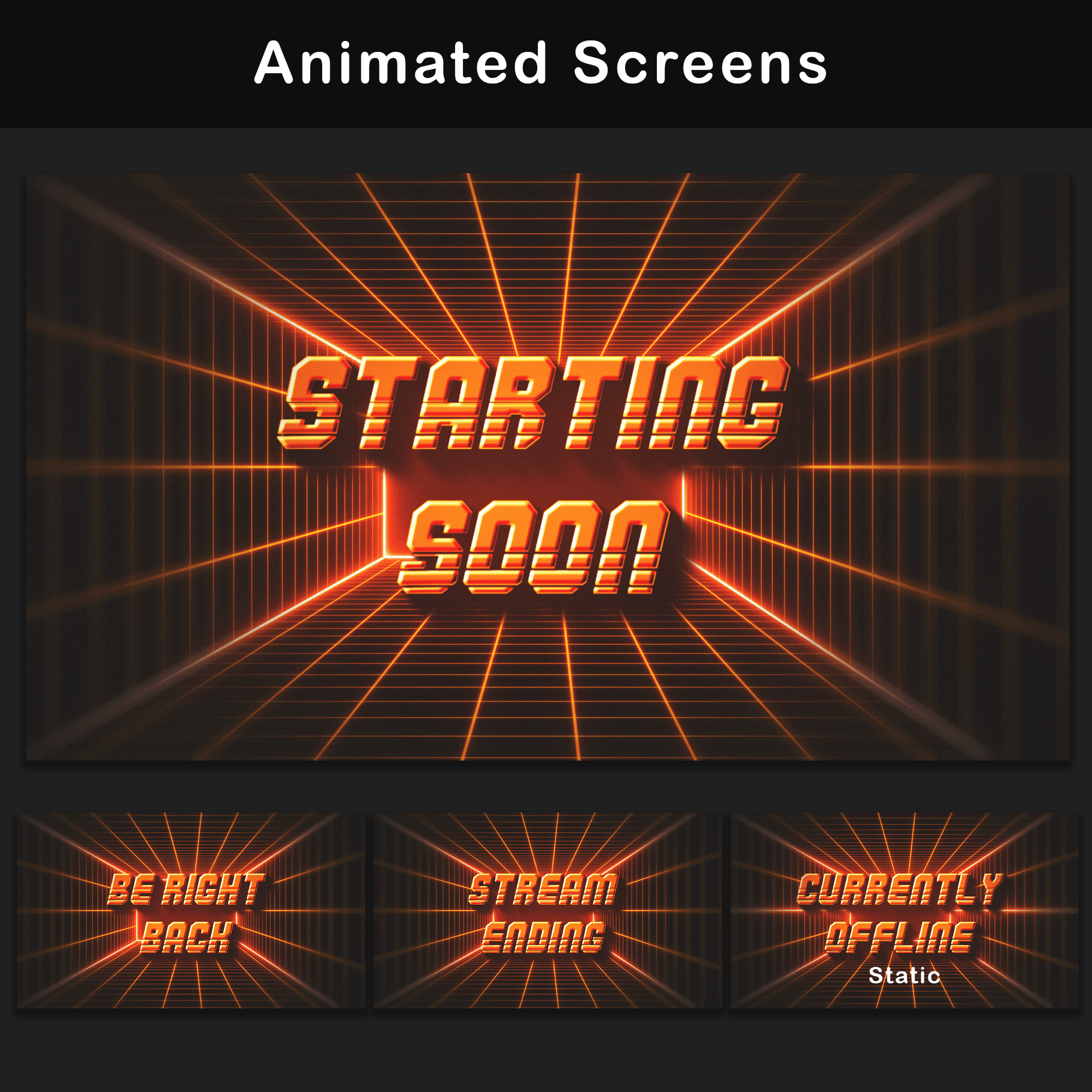 Retro Twitch Overlay Pack | Animated Orange Grid Stream Package 2 A set of retro orange animated screens for Twitch with titles 'Starting Soon', 'Be Right Back', 'Stream Ending', and 'Offline' against a hexagon background.