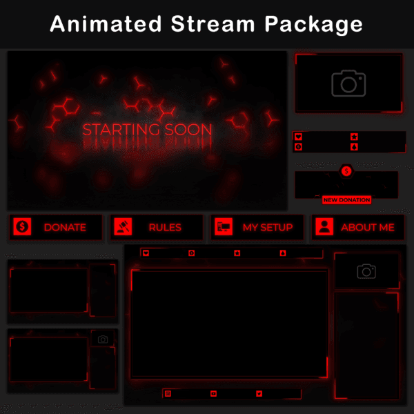 Retro Twitch Overlay Package - Animated 80s CRT Stream Overlays (OBS, Streamlabs) 16 Animated black and red Twitch stream package with assorted overlay elements.