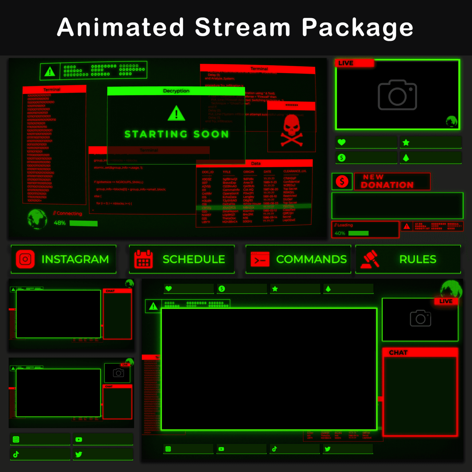 Animated 80s Retro Twitch Overlay Stream Package Green and Red Computer Terminal Style