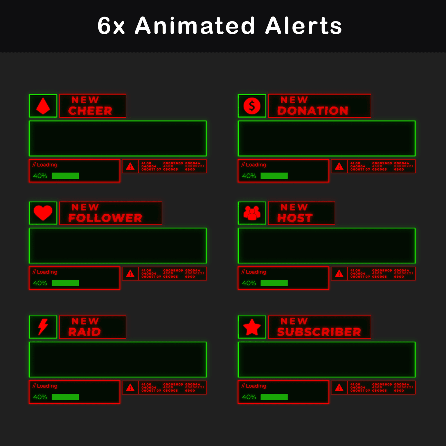 Six retro style animated alerts for Twitch with icons and titles for 'New Cheer', 'New Donation', 'New Follower', 'New Host', 'New Raid', and 'New Subscriber'.