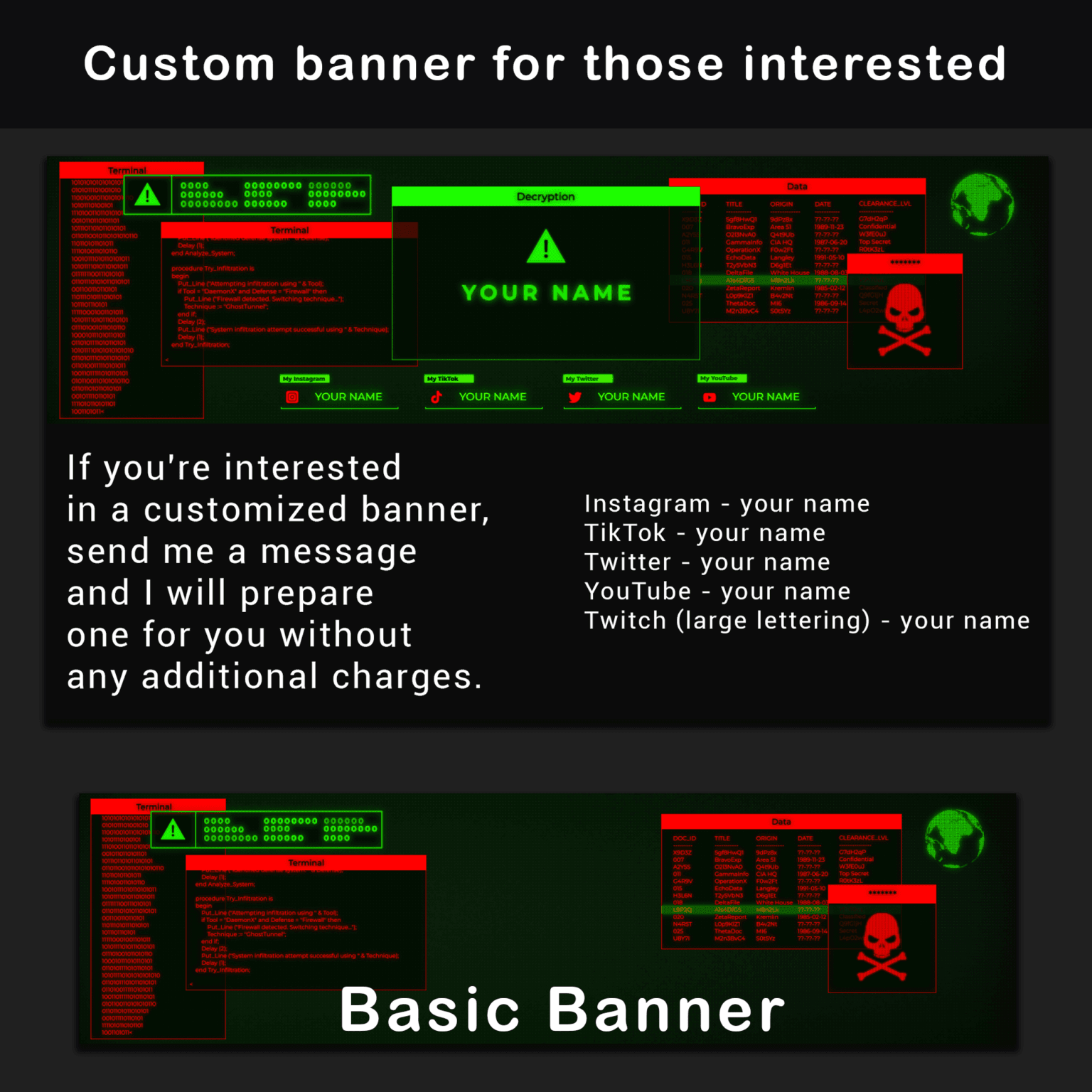 80s Retro Twitch Overlay Stream Package Green and Red Computer Terminal Style
