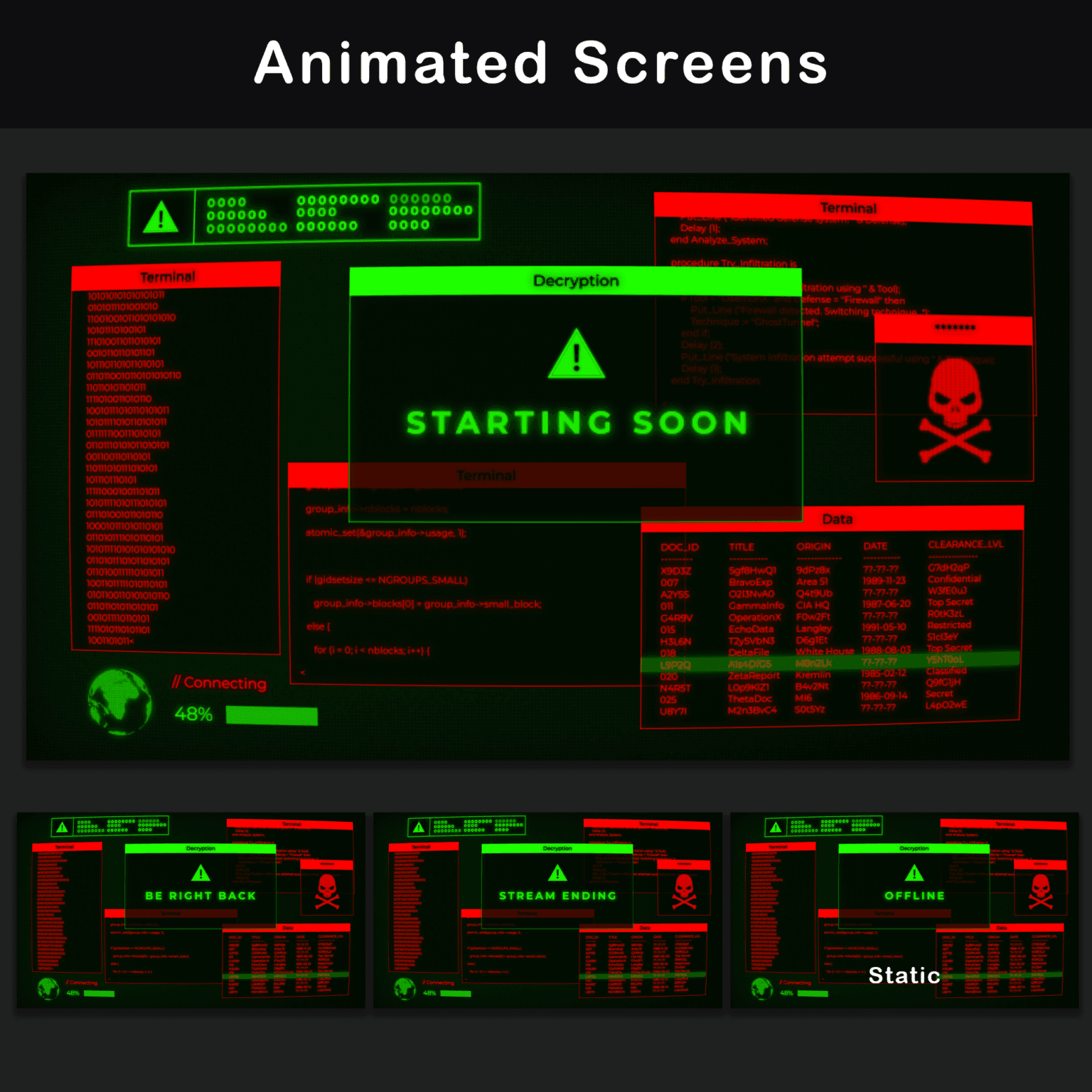 A set of 80s Retro style animated screens for Twitch with titles 'Starting Soon', 'Be Right Back', 'Stream Ending', and 'Offline' against a green background.