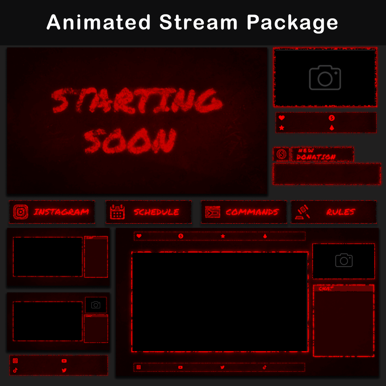 Stream Overlay Pack - Animated Horror Grunge for Twitch 1 Red themed animated stream package for Twitch with customizable overlays for webcam, chatbox, and social media icons.