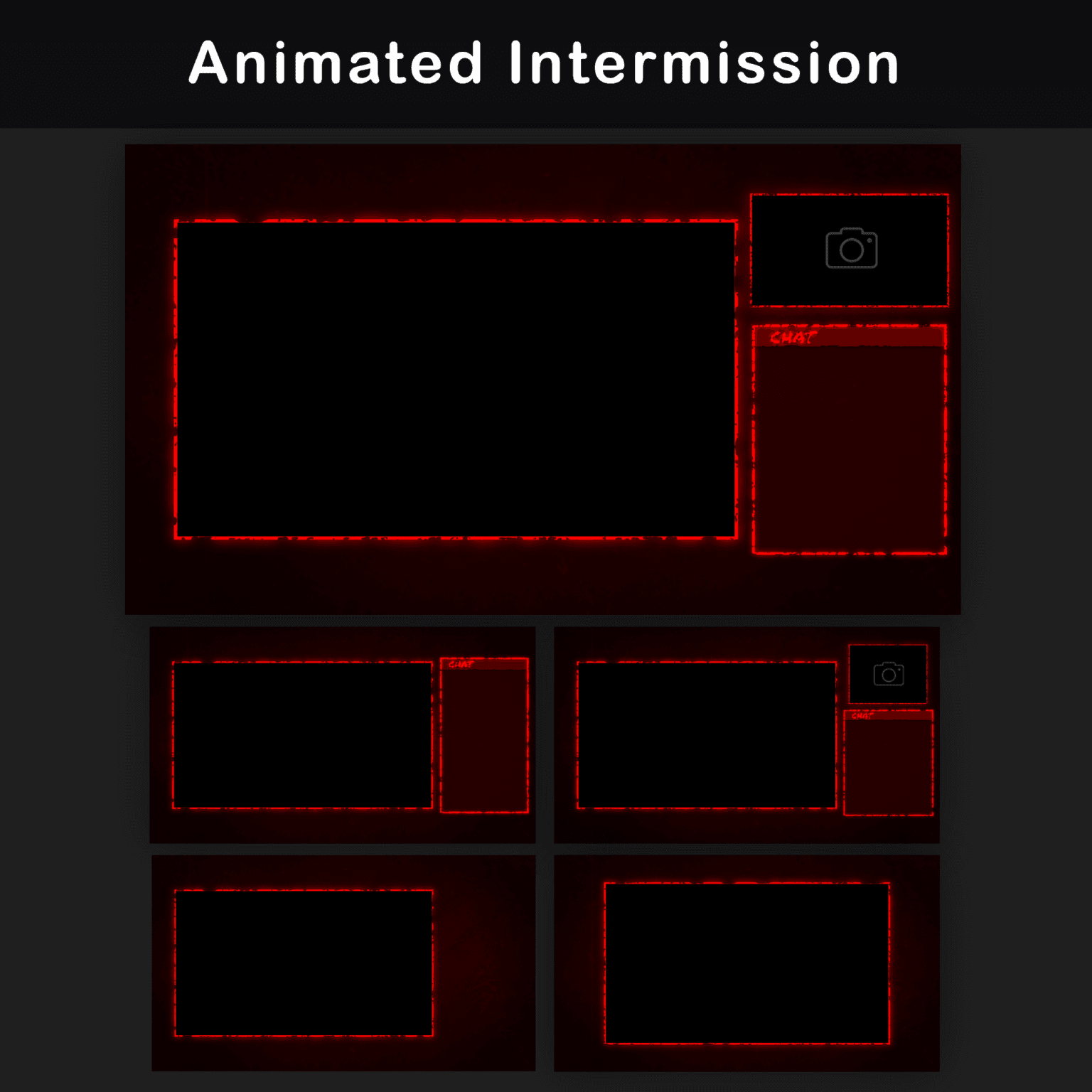 Stream Overlay Pack - Animated Horror Grunge for Twitch 3 Animated intermission screen layout with multiple frames and chatbox for Twitch streamers, red design.