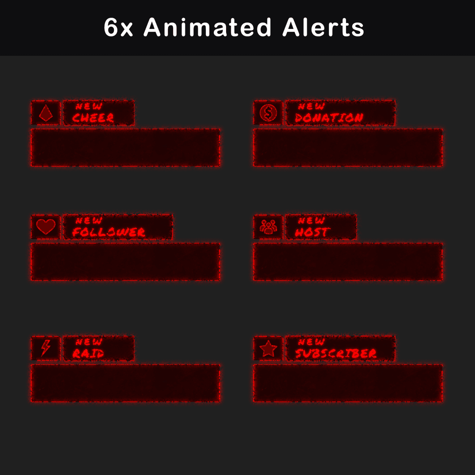 Stream Overlay Pack - Animated Horror Grunge for Twitch 4 Set of six animated alerts for Twitch streamers featuring glitch effects for new cheers, donations, followers, hosts, raids, and subscribers.