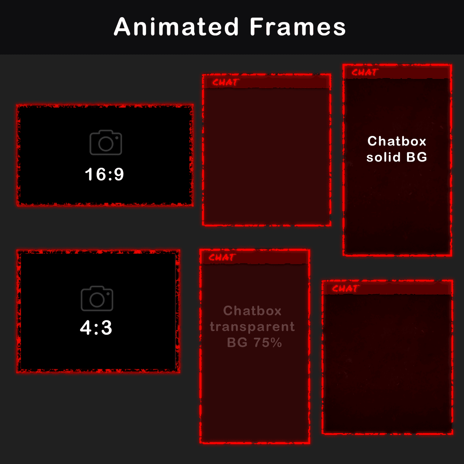 Stream Overlay Pack - Animated Horror Grunge for Twitch 5 red animated webcam frames for Twitch streamers, available in 16:9 and 4:3 formats.