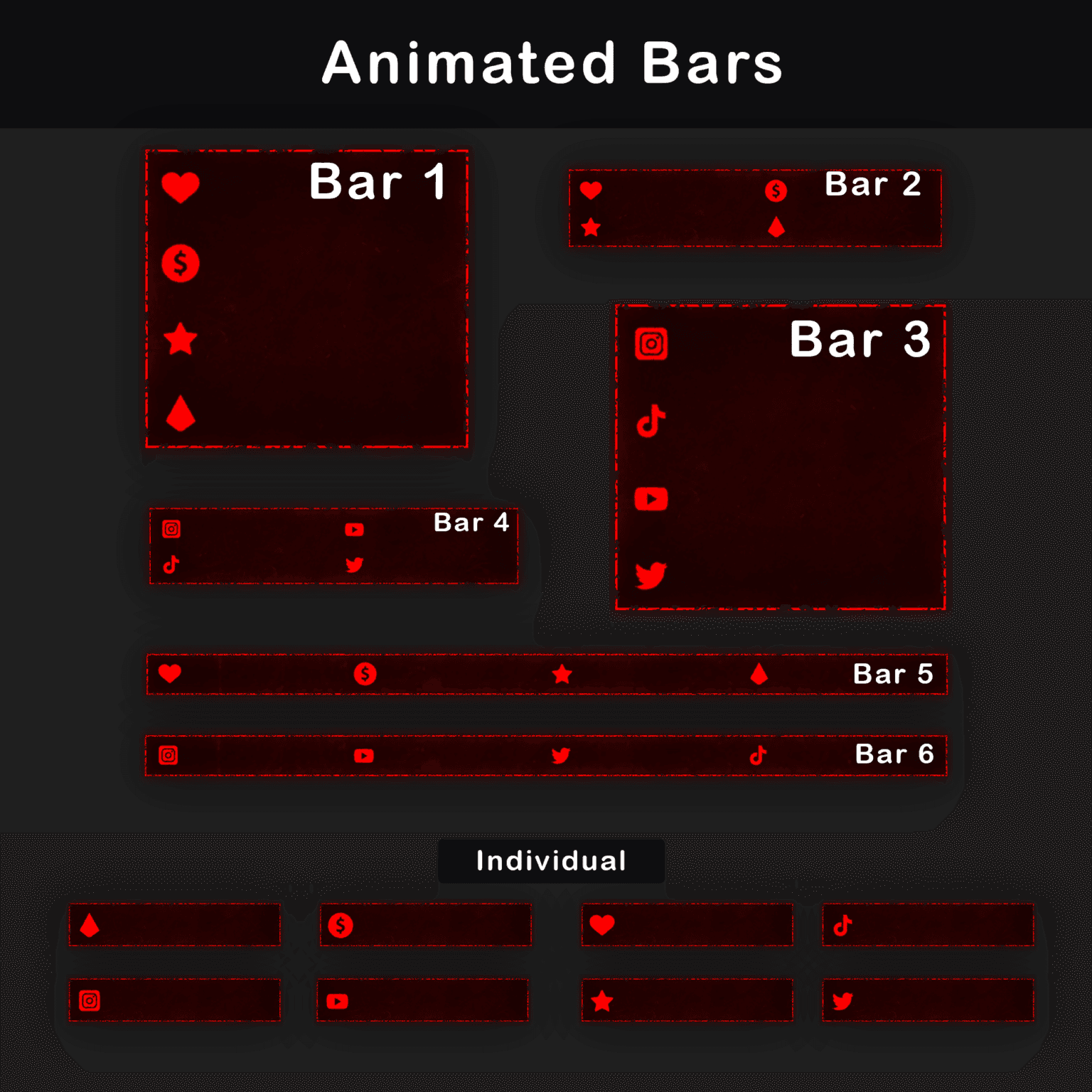 Stream Overlay Pack - Animated Horror Grunge for Twitch 6 Variety of animated bars for Twitch streams, showcasing social media and stream support