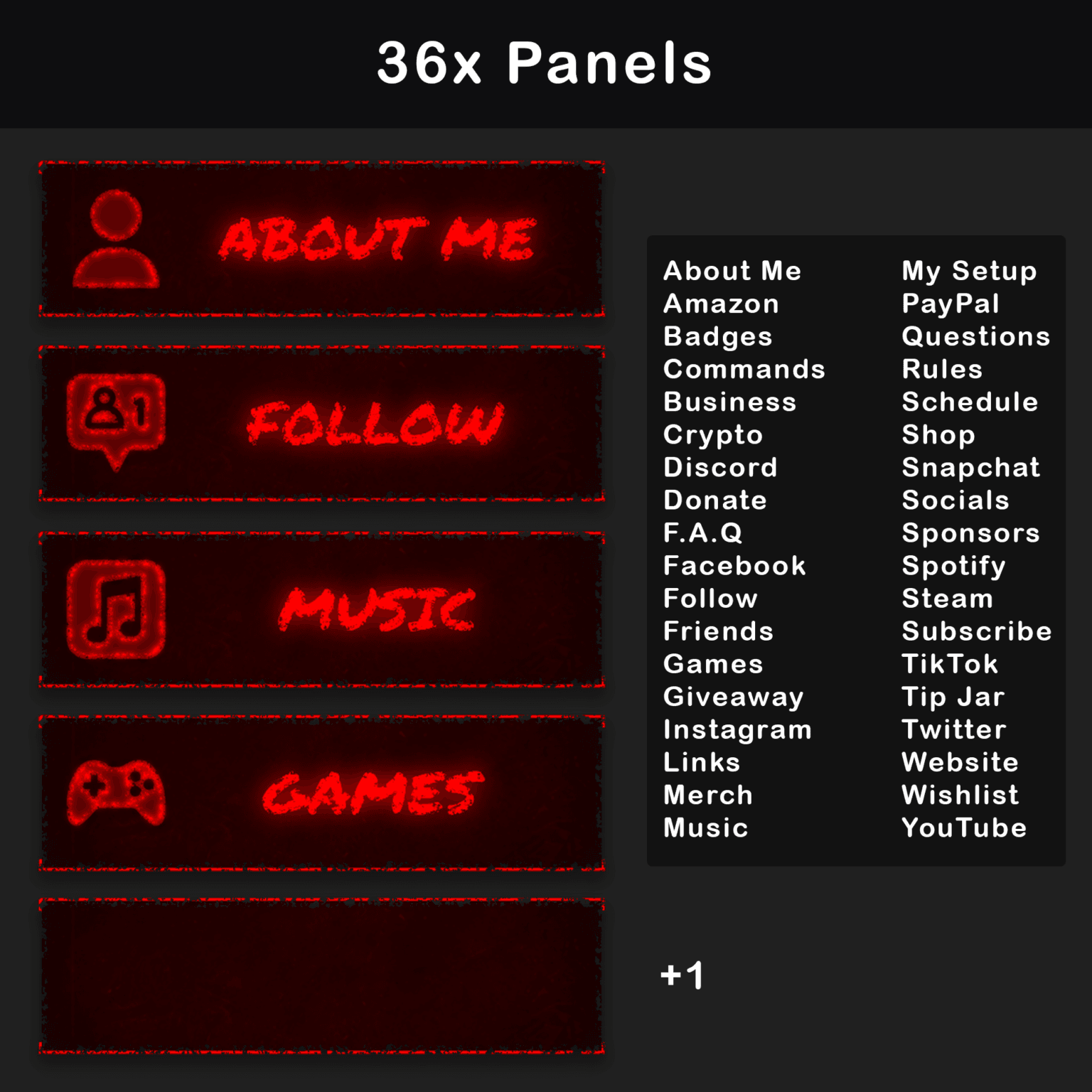 Stream Overlay Pack - Animated Horror Grunge for Twitch 7 Collection of 36 Twitch panel designs in red, plus one blank panel for customization.