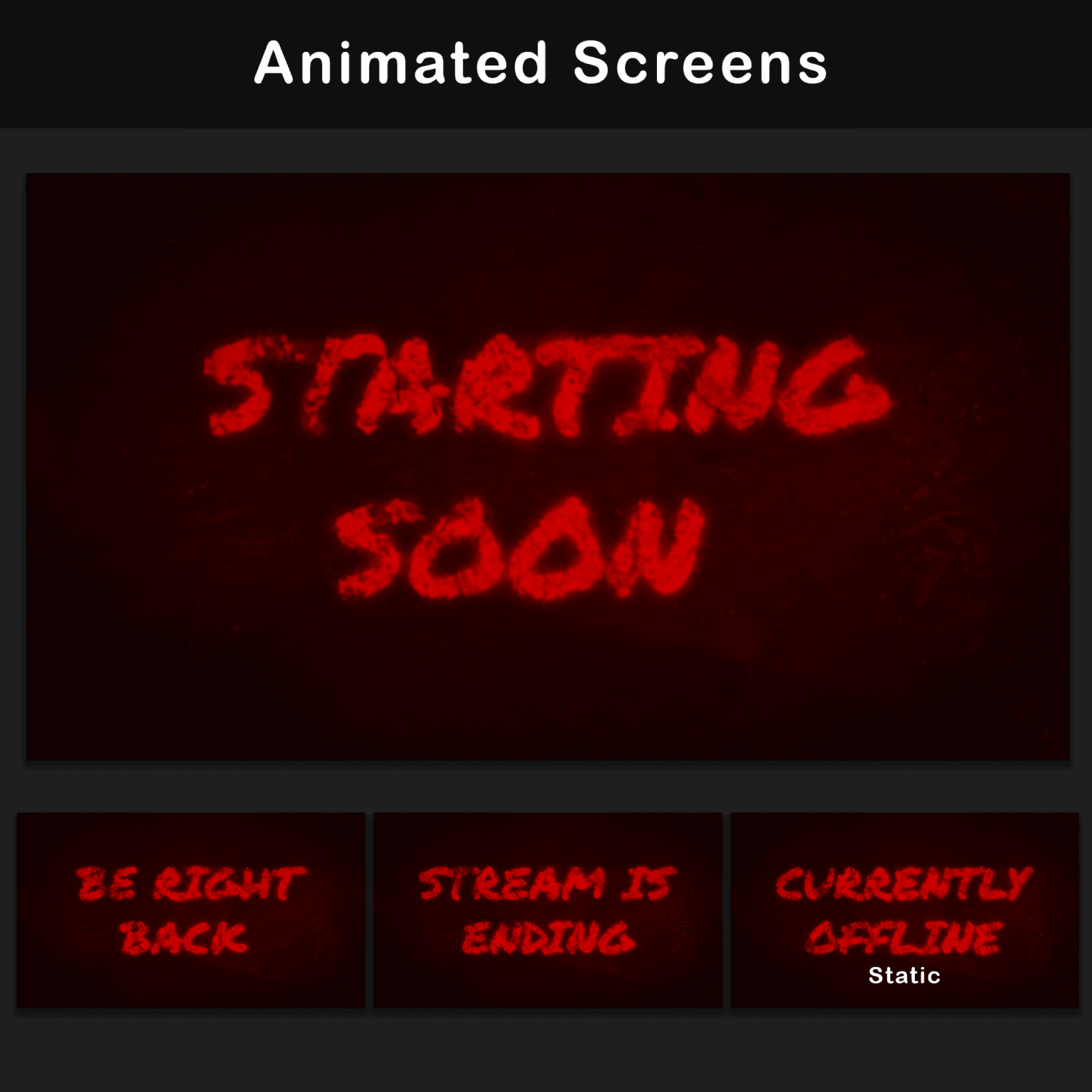 Stream Overlay Pack - Animated Horror Grunge for Twitch 2 Animated stream overlay Starting Soon, BRB, Ending, Offline screens for Twitch streamers.