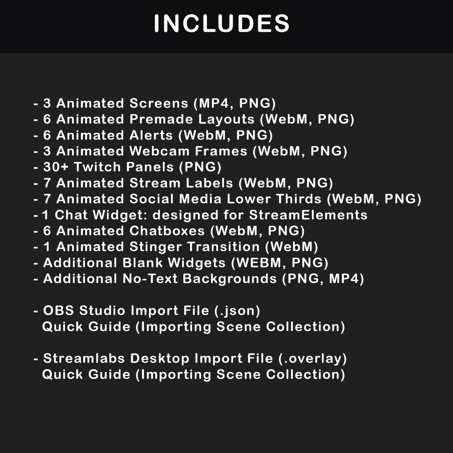 Includes graphic listing the dark red animated overlay package contents, including screens, layouts, alerts, webcam frames, panels, labels, chat widget, chatboxes, stinger, import files, and quick guides.