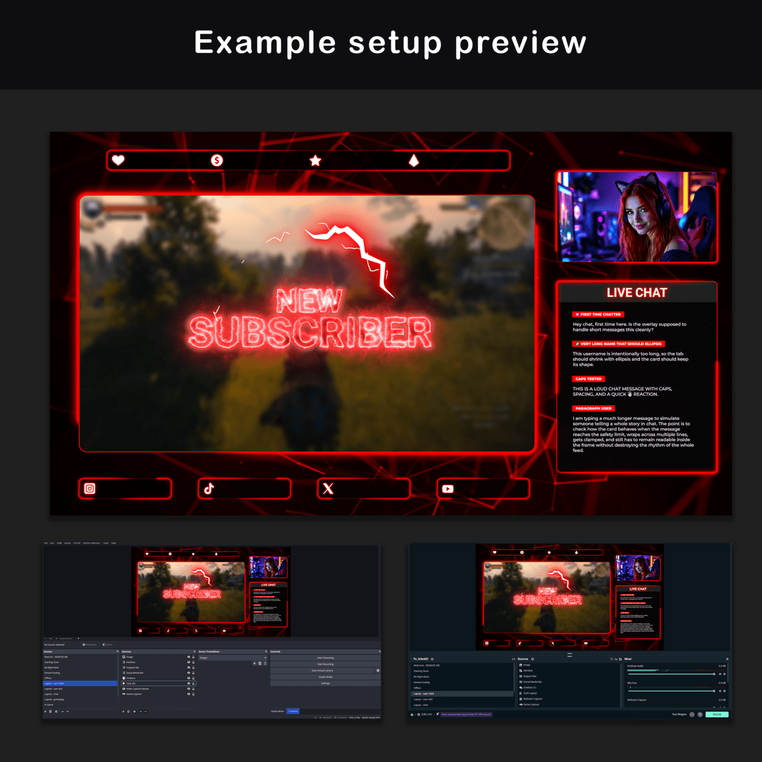 Example setup graphic showing the dark red animated overlay in use with gameplay footage, New Subscriber alert, webcam frame, Live Chat panel, social media labels, and OBS Studio and Streamlabs Desktop setup screens.
