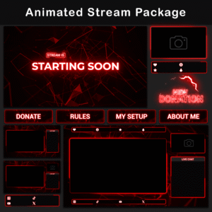 Complete animated stream package with red neon accents, including starting soon screen, donation alerts, and customizable panels for Twitch streaming.