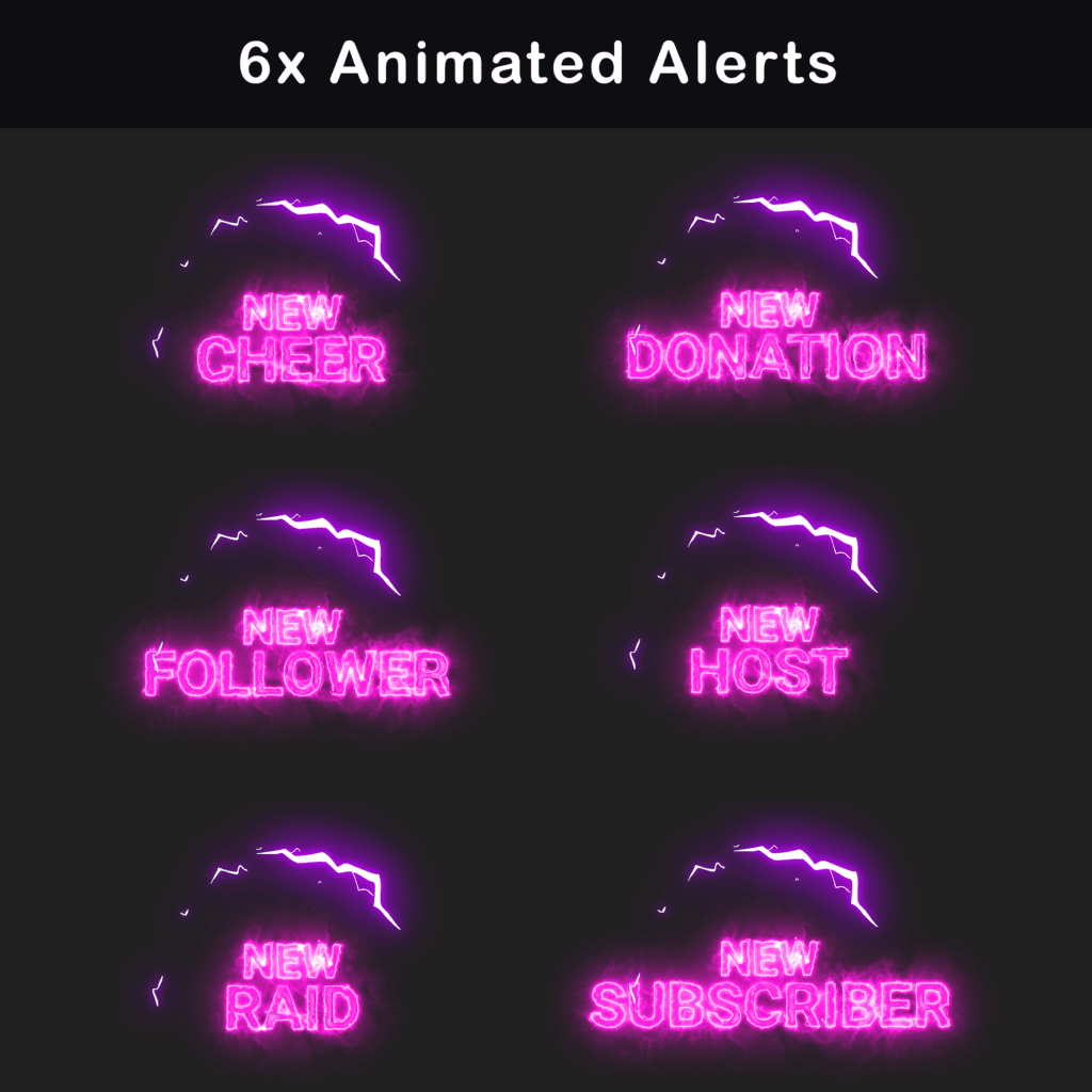 Six animated alerts including new cheer, donation, follower, host, raid, and subscriber in pink and purple colors.