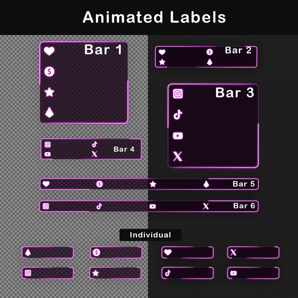 Animated labels for social media and stream support with various designs in pink and purple colors.