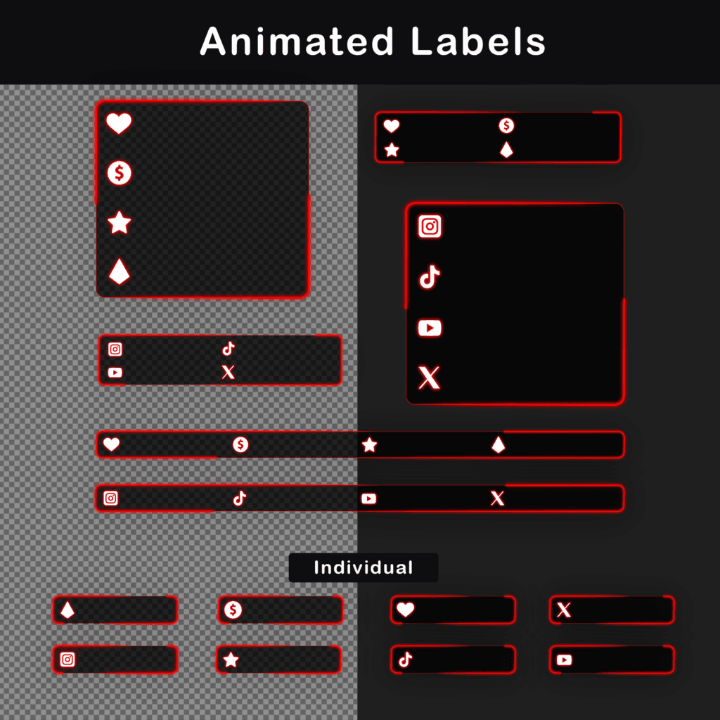 Set of animated labels with red neon accents for various stream elements including donations, social media, and more.