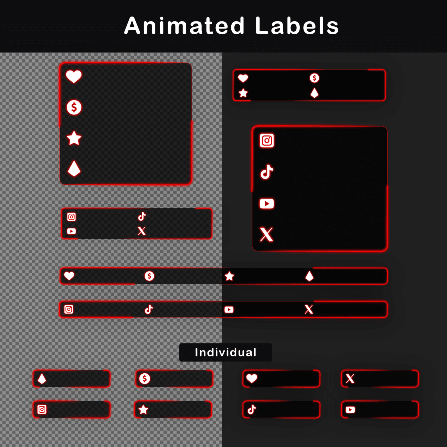 Set of animated labels with red neon accents for various stream elements including donations, social media, and more.
