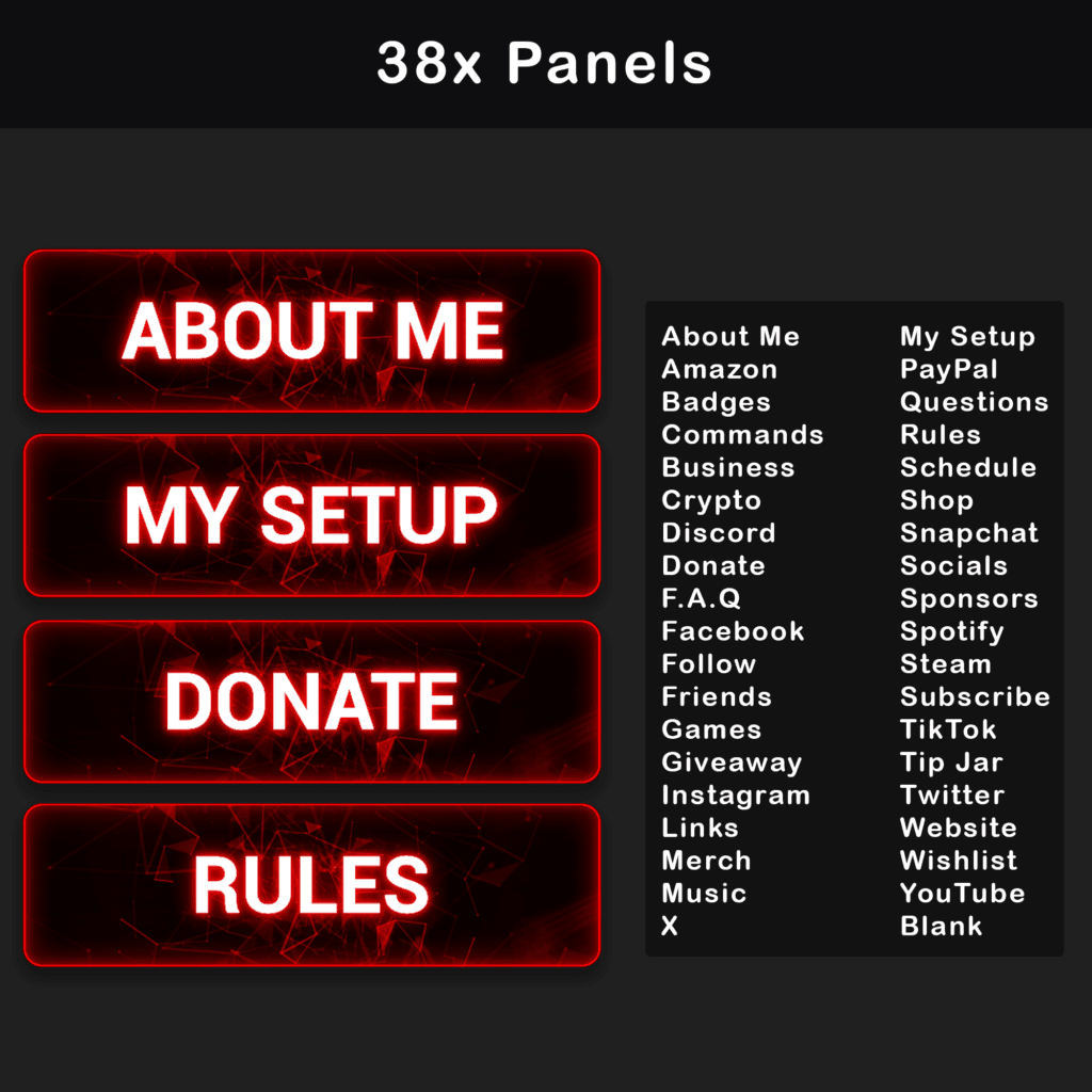 Set of 38 animated panels with red neon accents for Twitch streaming, including options for about me, my setup, donate, rules, and more.