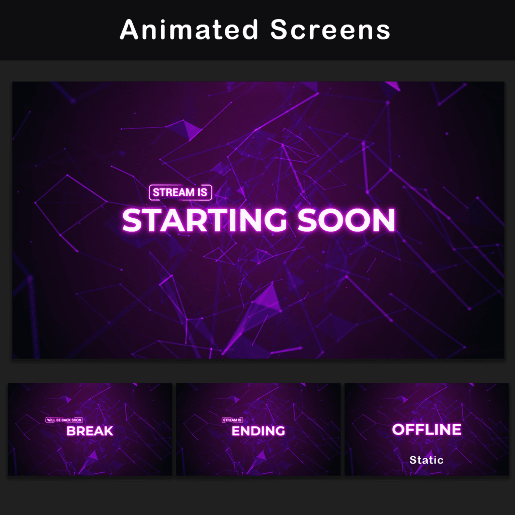 Animated screens for starting soon, break, ending, and offline in pink and purple colors.