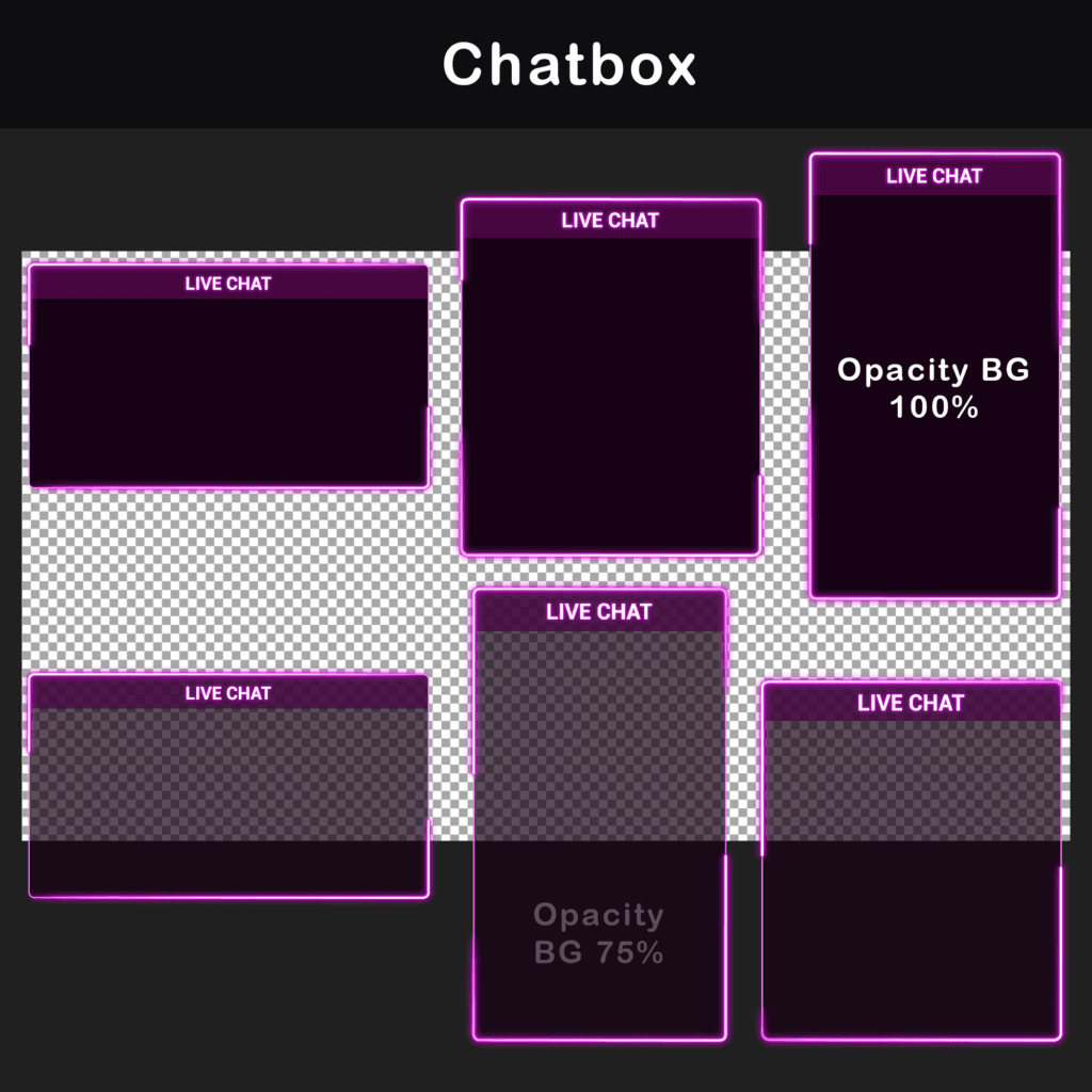 Animated chatbox overlays with different opacity levels in pink and purple colors.