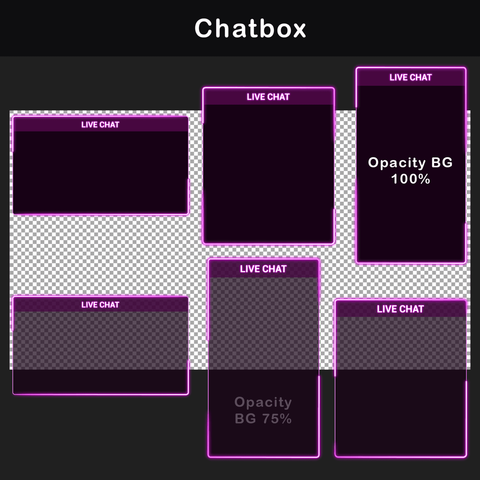 Animated chatbox overlays with different opacity levels in pink and purple colors.