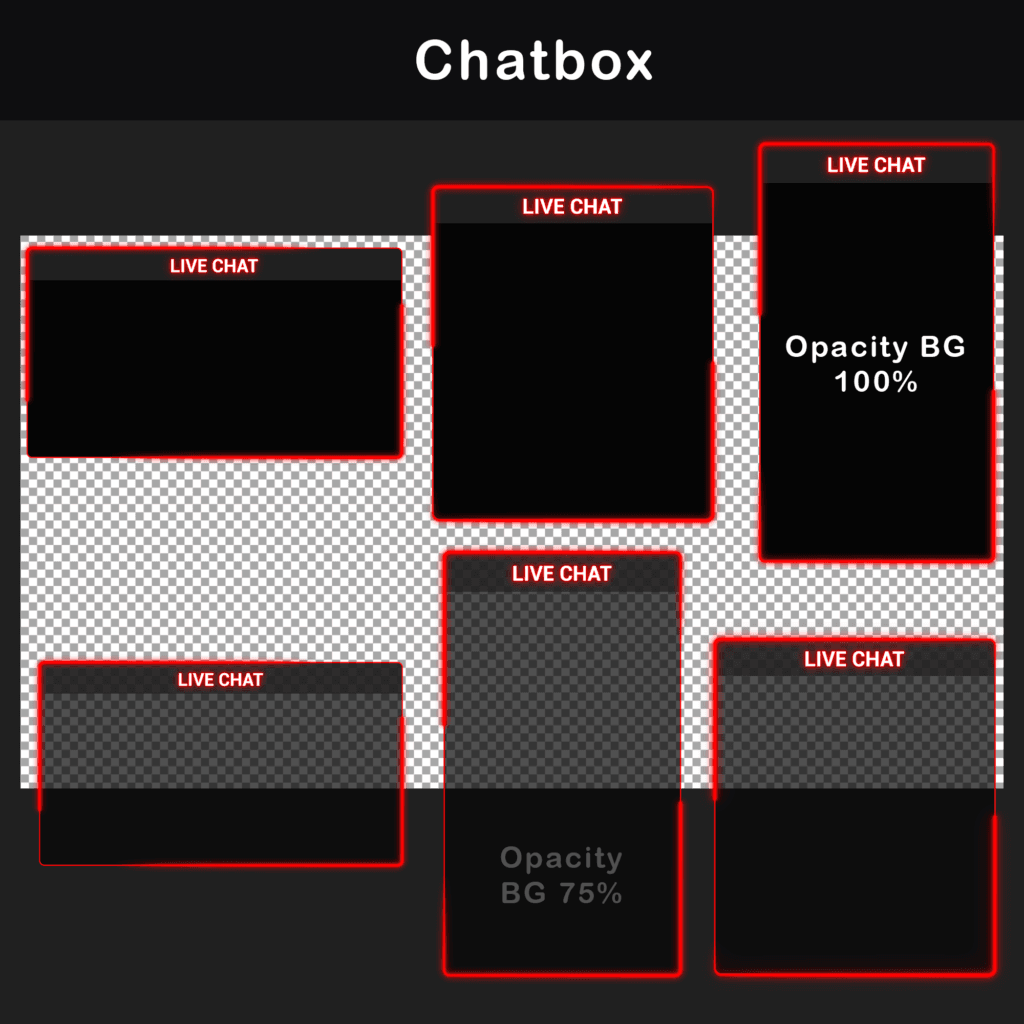 Chatbox overlays with red neon accents and various opacity options for live chat during Twitch streams.