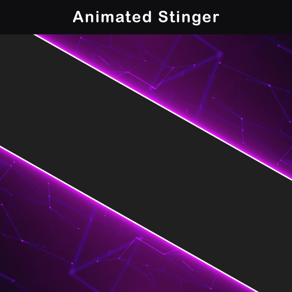 Animated stinger with pink and purple glowing lines.