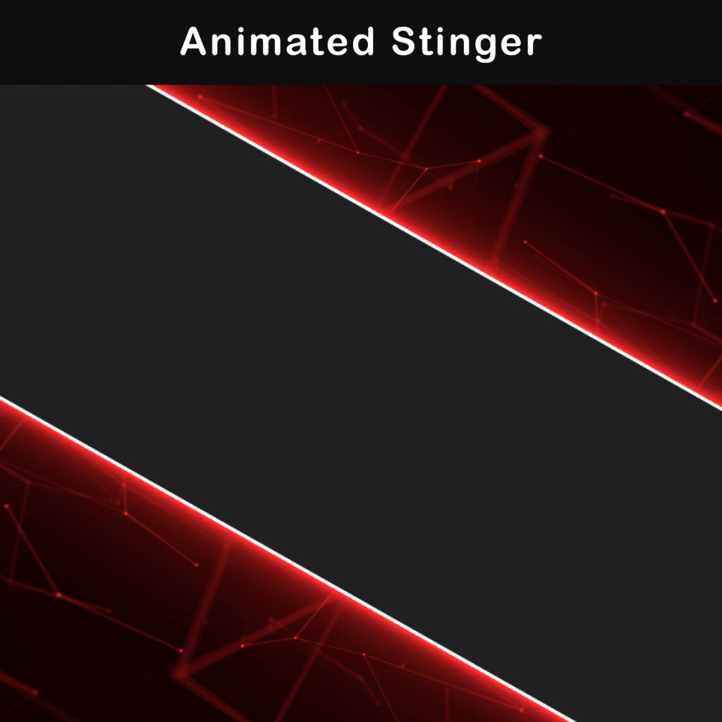 Animated stinger transition with red neon accents for Twitch streaming overlay.